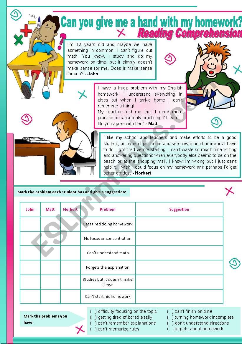 Can you give me a hand with my homework? â€“ reading comprehension + grammar (should) [4 tasks] ((2 pages)) ***editable